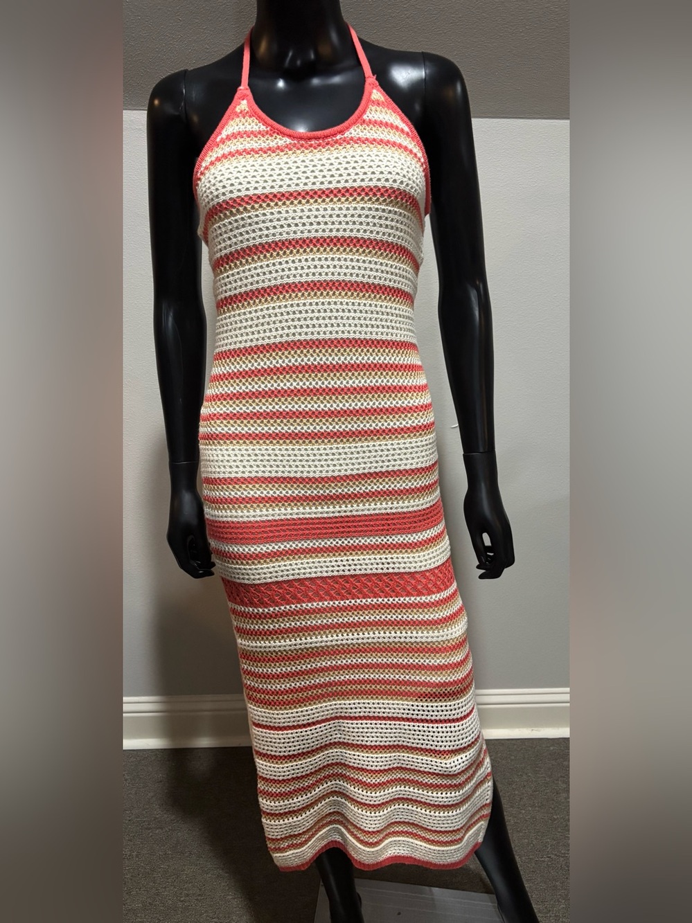 Freshman 1996 Orange & Cream Striped Crochet Halter Maxi Dress Size S
